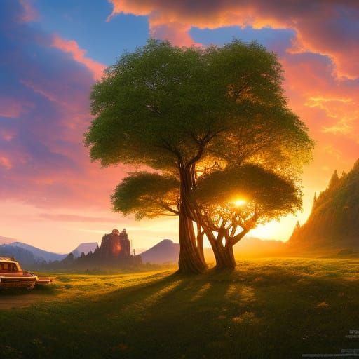 Fairytale Treehouse Village in Valley at Sunset