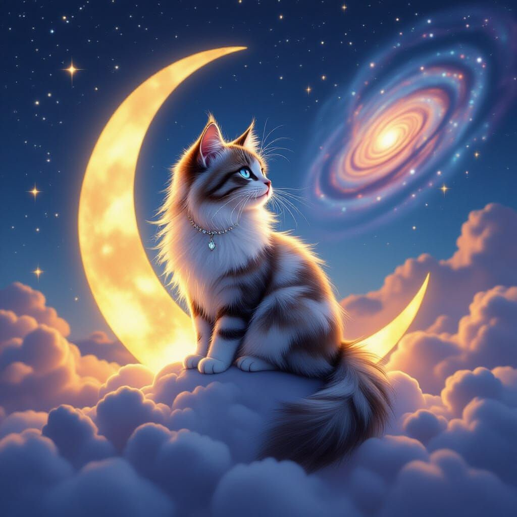 Twilight Cat Jewel Adorned Moon Fantasy Illustration