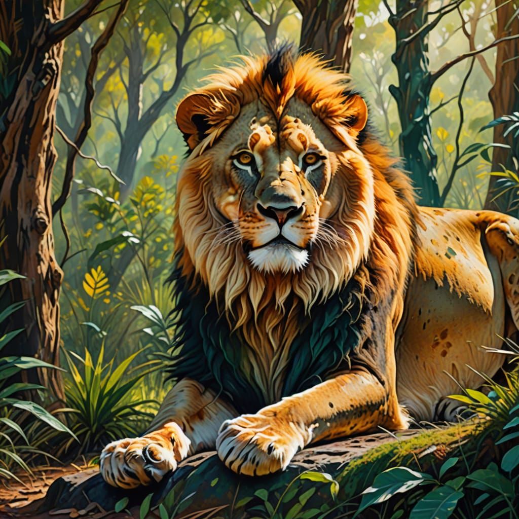 Spotted Lion in Montane Forest, Oil Painting