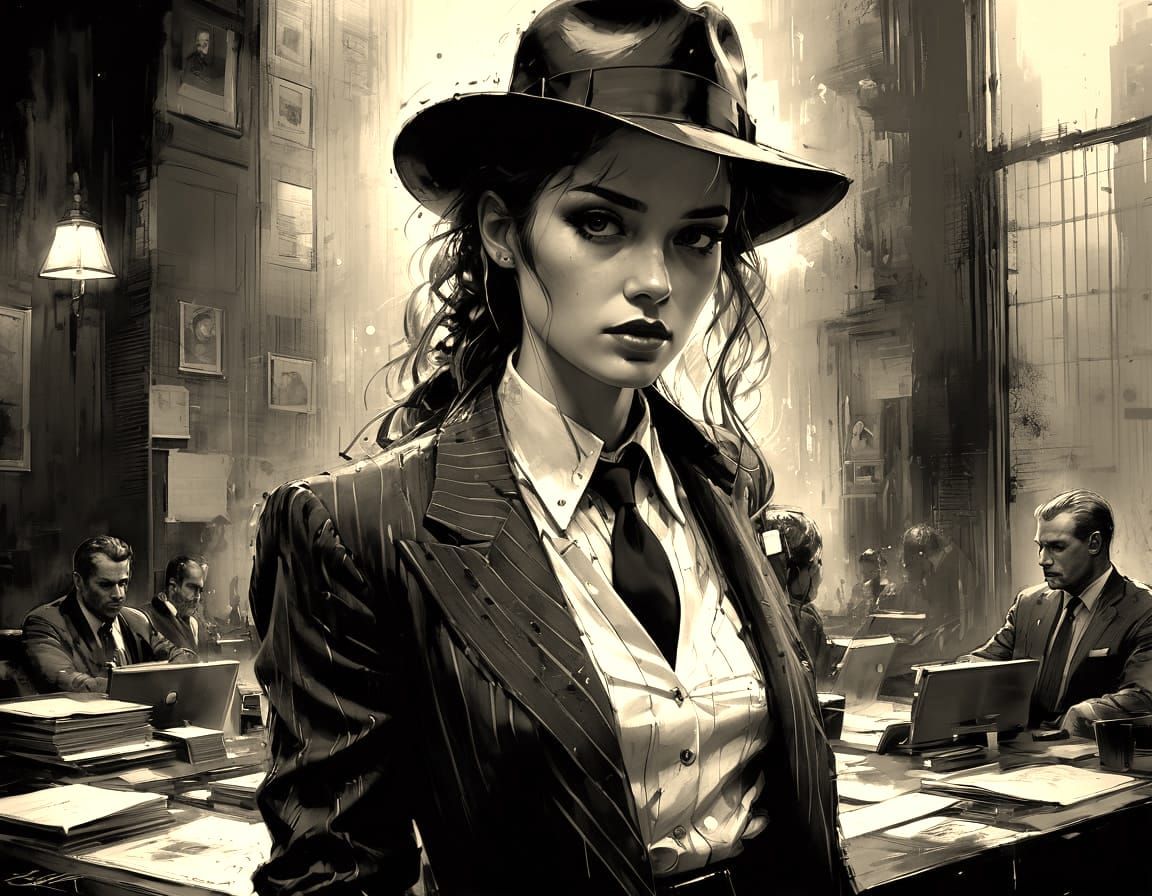 Film Noir Detective in Shadowy Office