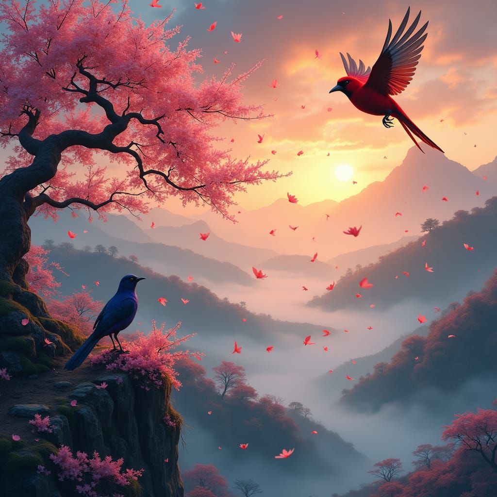 Birds Fly Under Watercolor Sakura at Sunset