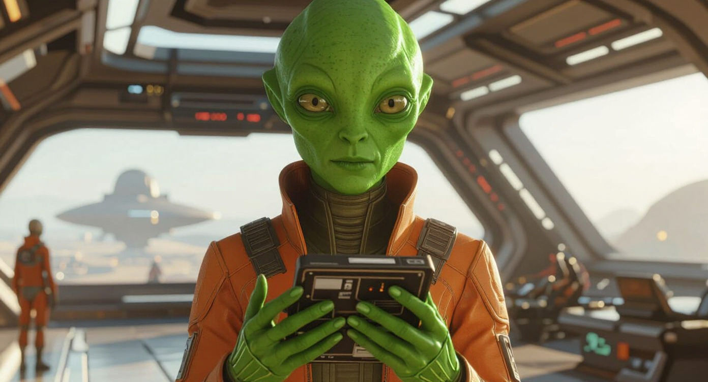 Female Alien with Datapad in Spaceport, Fantasy Art