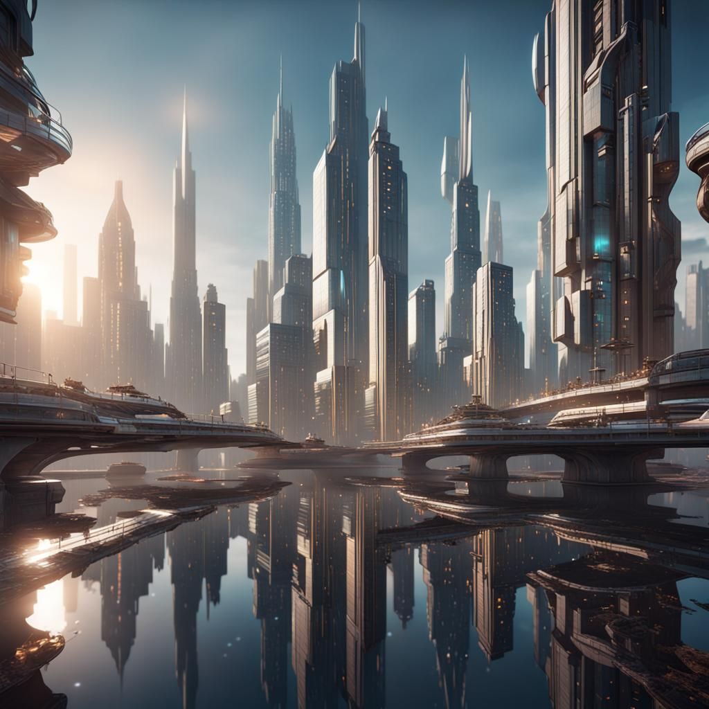Futuristic cities with reflections and interplay of light and shadows. Holographic art