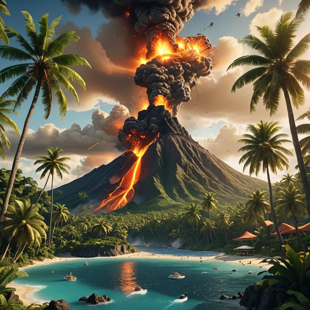Volcanic Eruption on Tropical Island in 3D Style