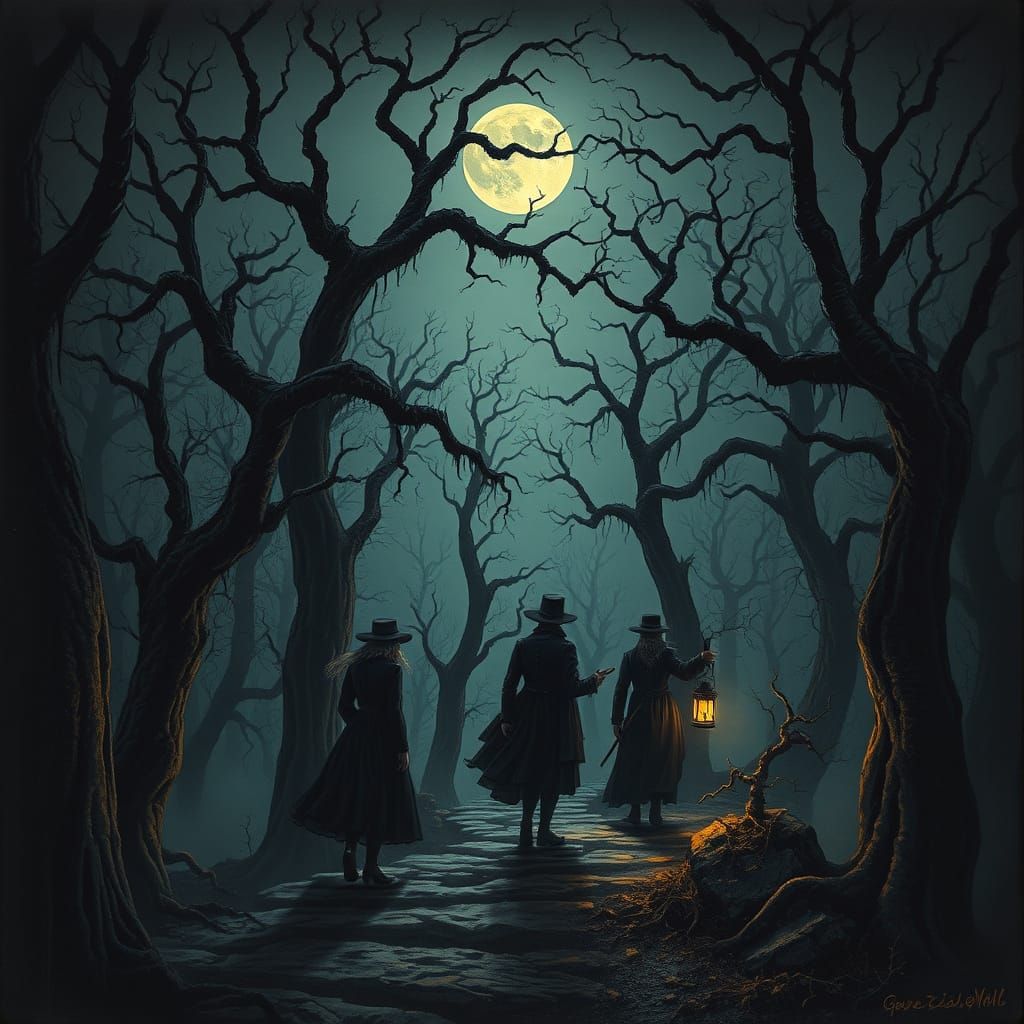 Midnight Wanderers in a Haunting, Victorian-Era Forest Scene