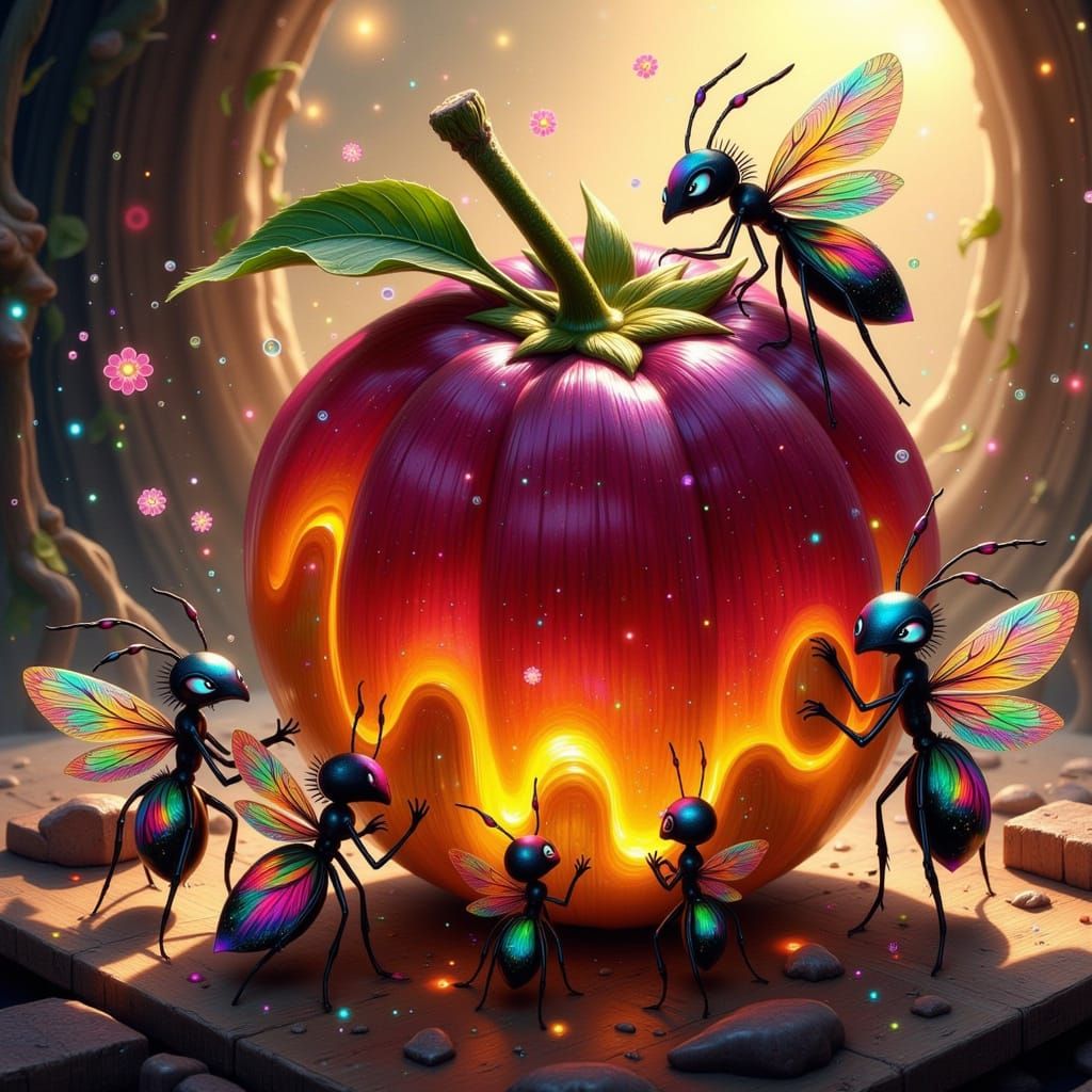 Vibrant Fae Ants Gather Around a Gargantuan, Juicy Fruit