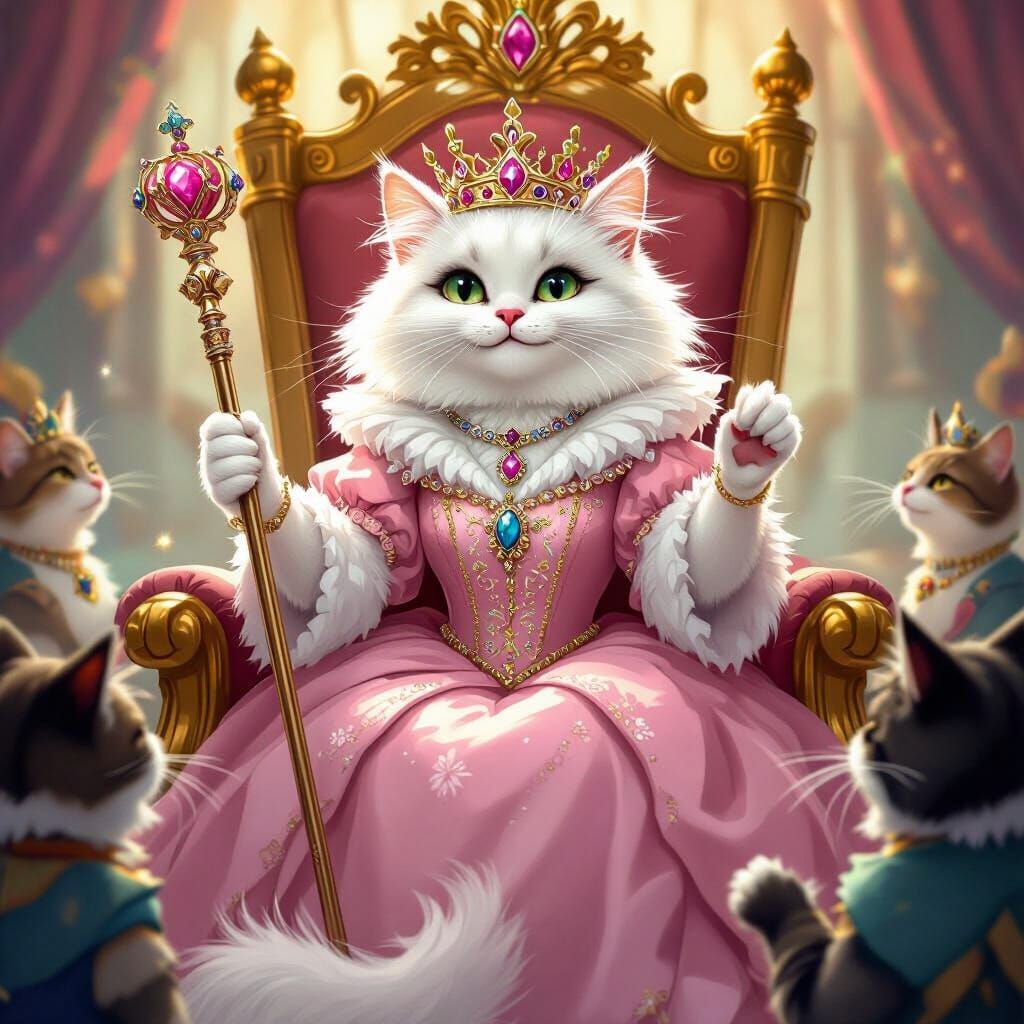 Regal Queen Cat in Sparkling Pink Dress with Scepter