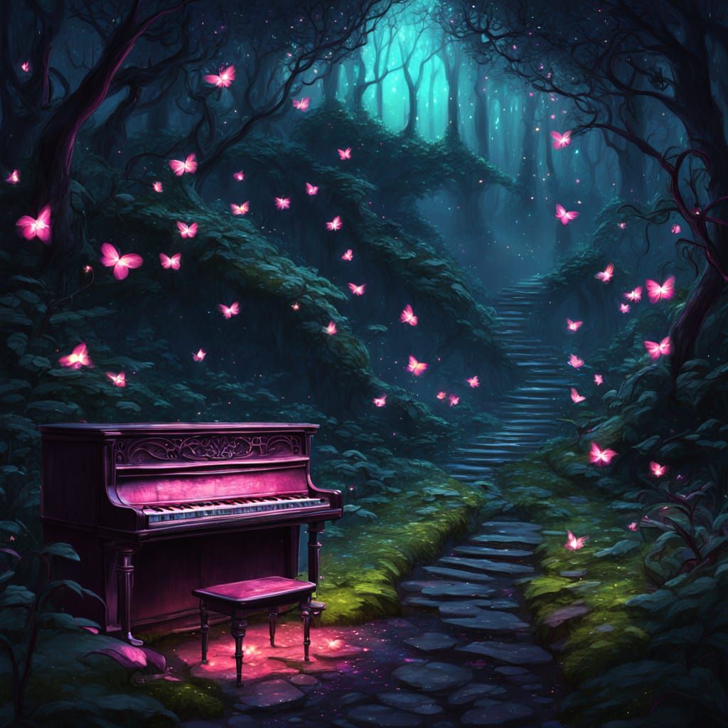 Mossy Piano in Enchanted Forest with Pink Fireflies