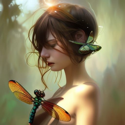 Dragonfly's Butterfly Hunt: Hyperdetailed Art Nouveau Portra...
