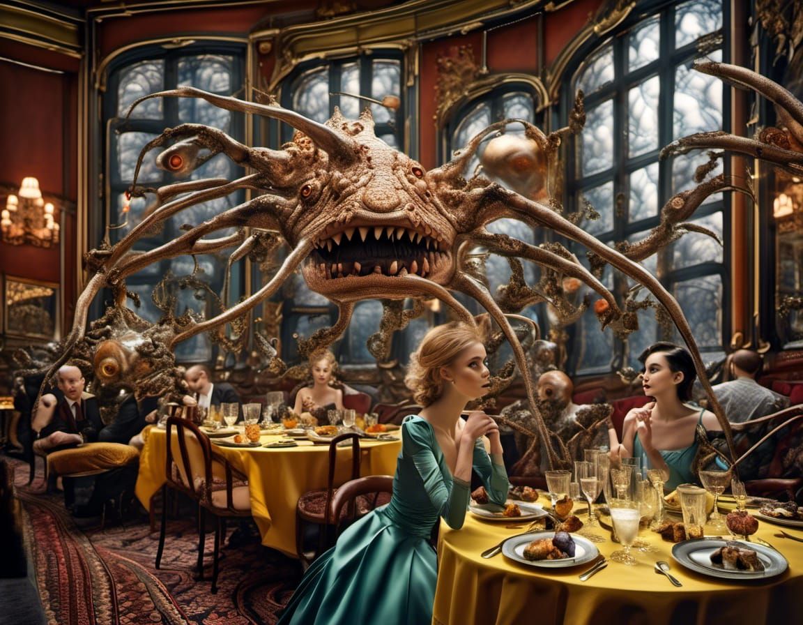 Surreal Alien Feast in Dreamlike Restaurant