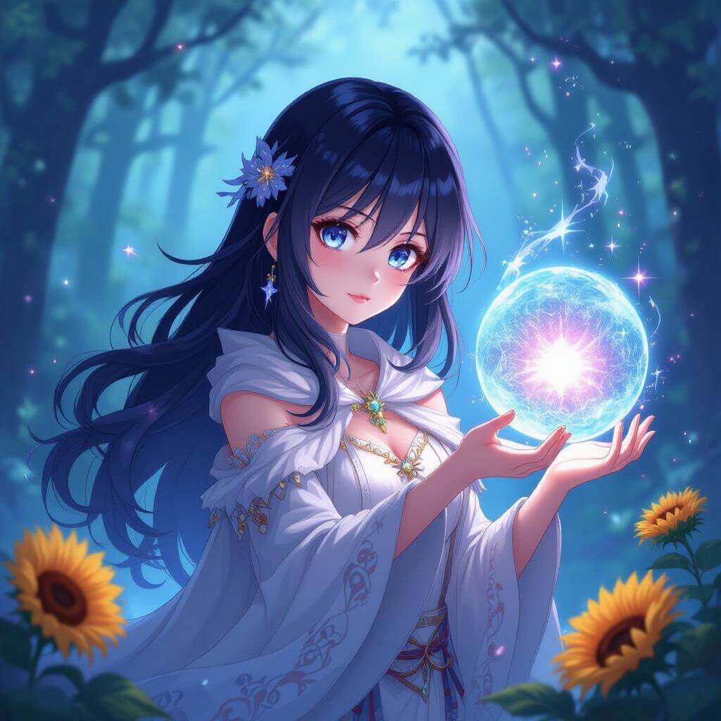 Anime Half-Goddess of Ice and Light in Enchanted Forest