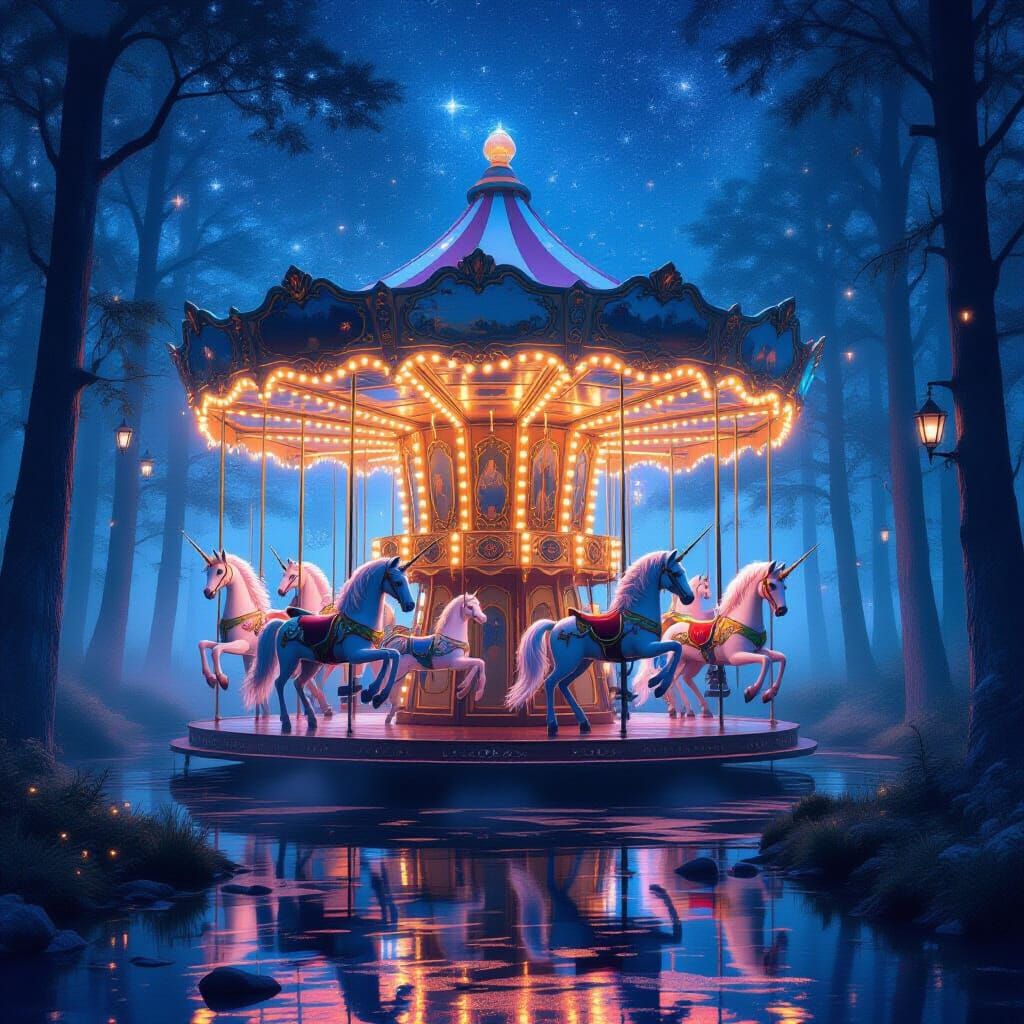 Magical Carousel in Misty Forest and City