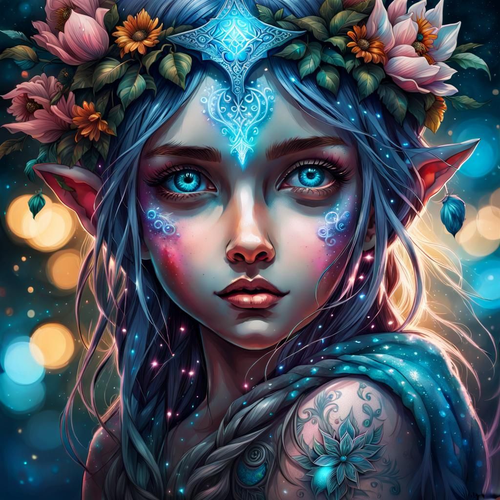 Adorable Elf Girl with Glowing Eyes in Hyperrealistic Style