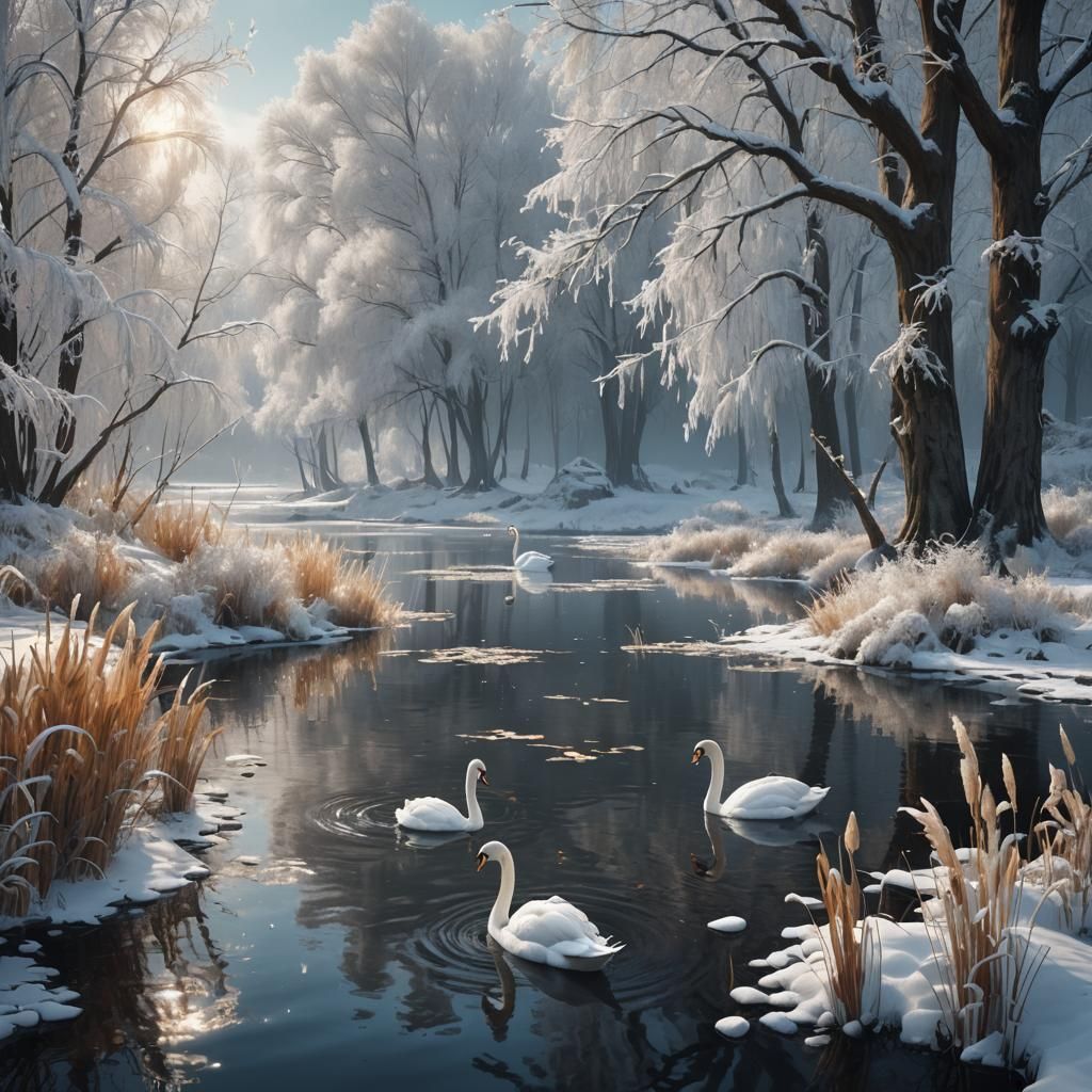 Swans in Winter Wonderland: Detailed Matte Painting