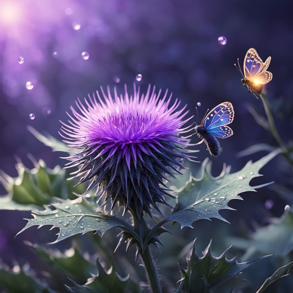 Thistle Creature with Dewdrop in Ghibli Style