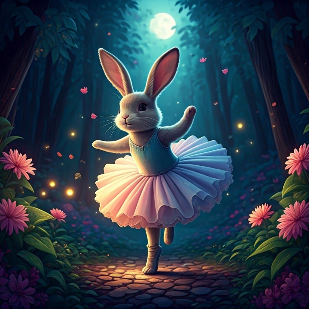 Bunny in Tutu Dancing in Moonlit Forest