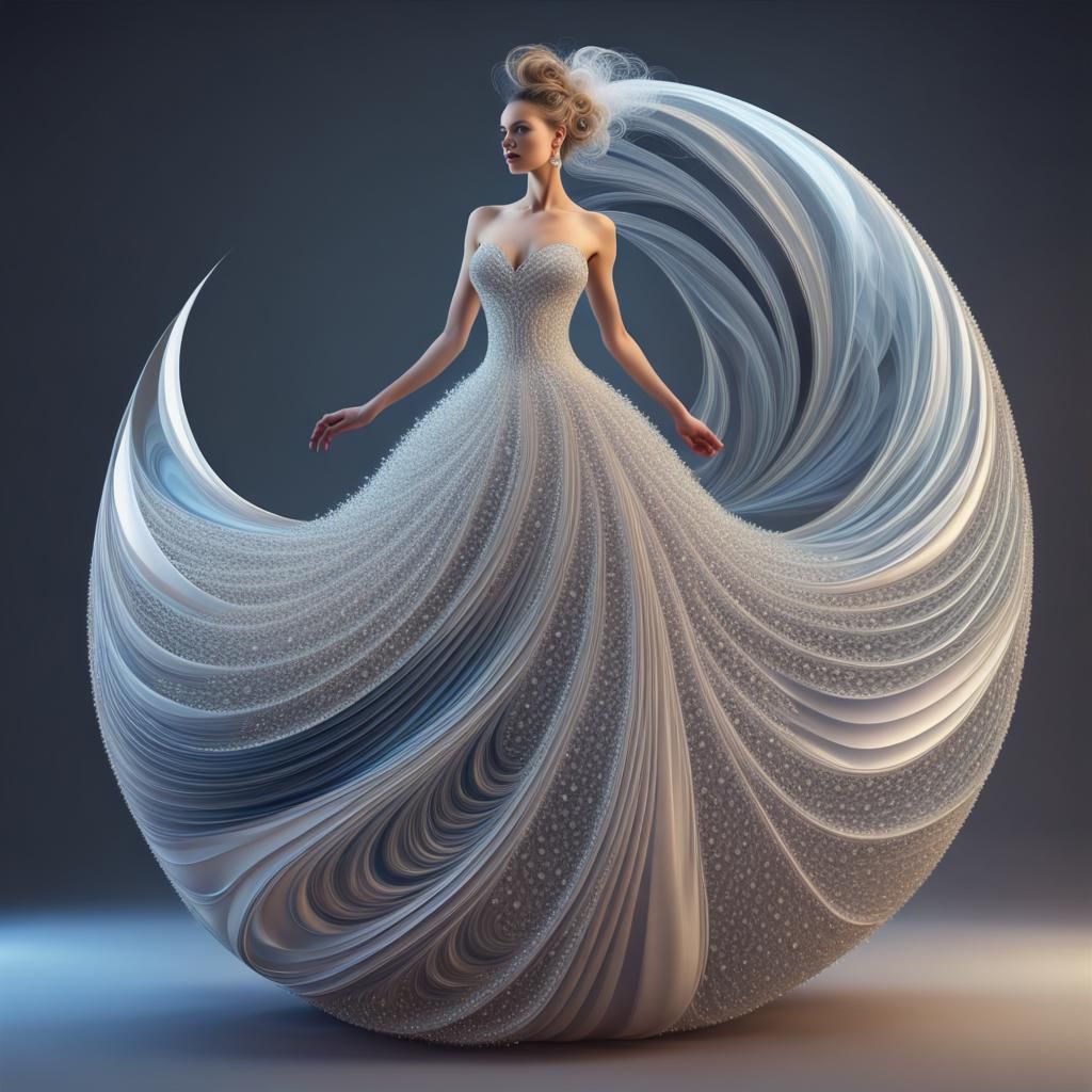 Pearly Iridescent Ball Gown in Abstract Fractal Art