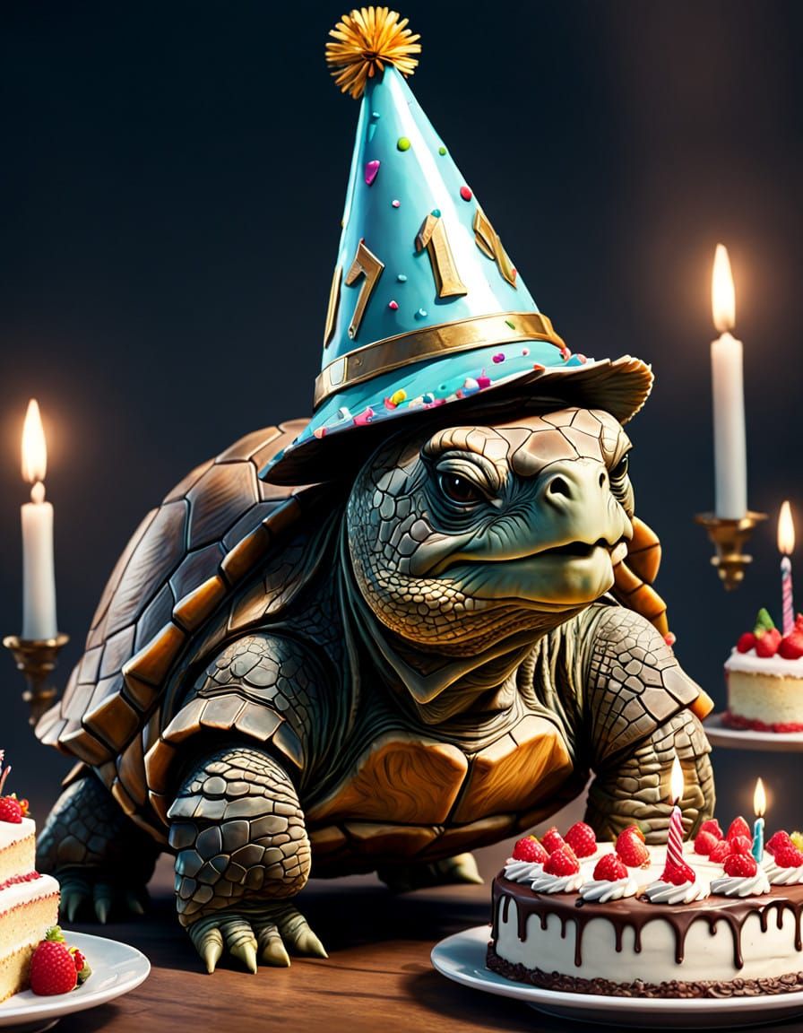 A Tortoise Celebrates in a Vibrant Digital Birthday Party Sc...