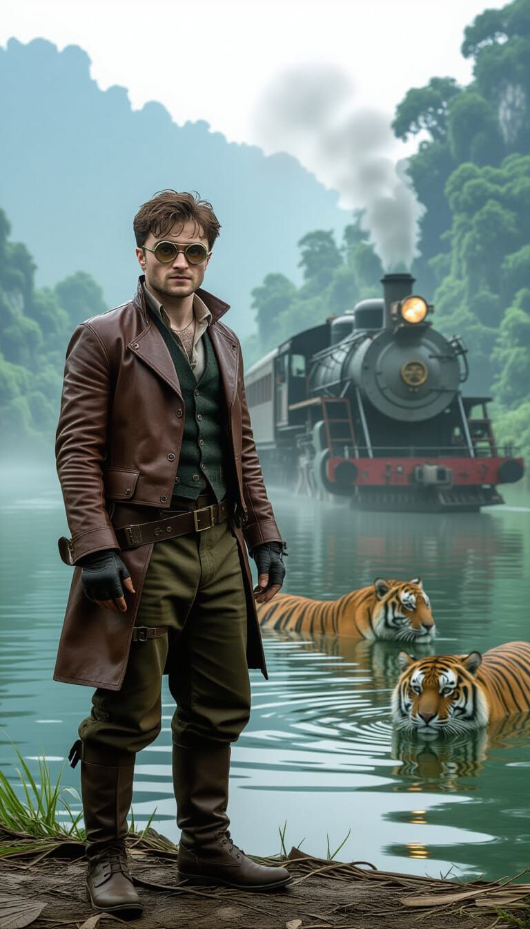 Steampunk Explorer in Jungle with Tigers
