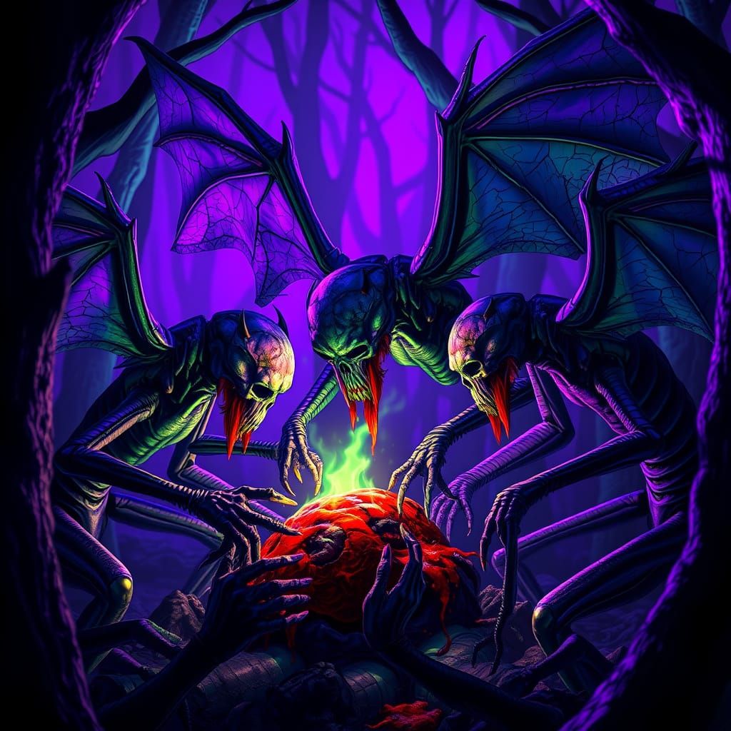 Gothic Horror Creatures Feast in Twisted Forest