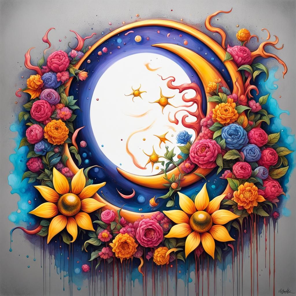 Crescent Moon and Sun in Graffiti Art