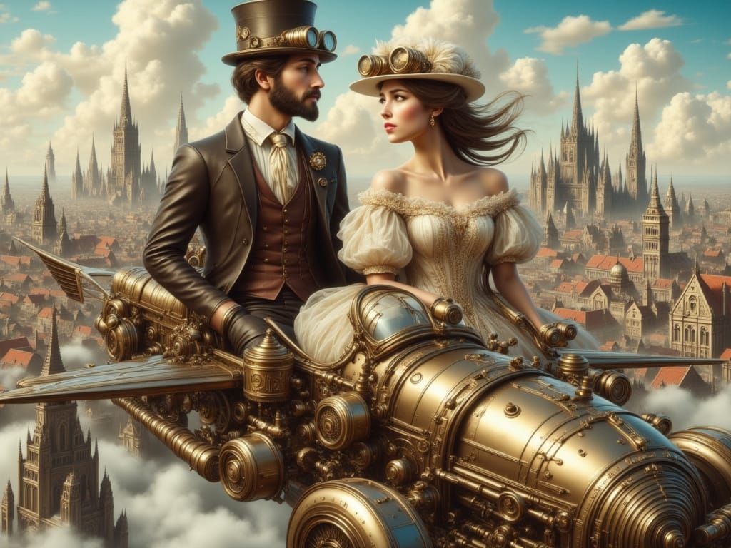 Elegant Steampunk Couple Soars Above a Retro-Futuristic City...