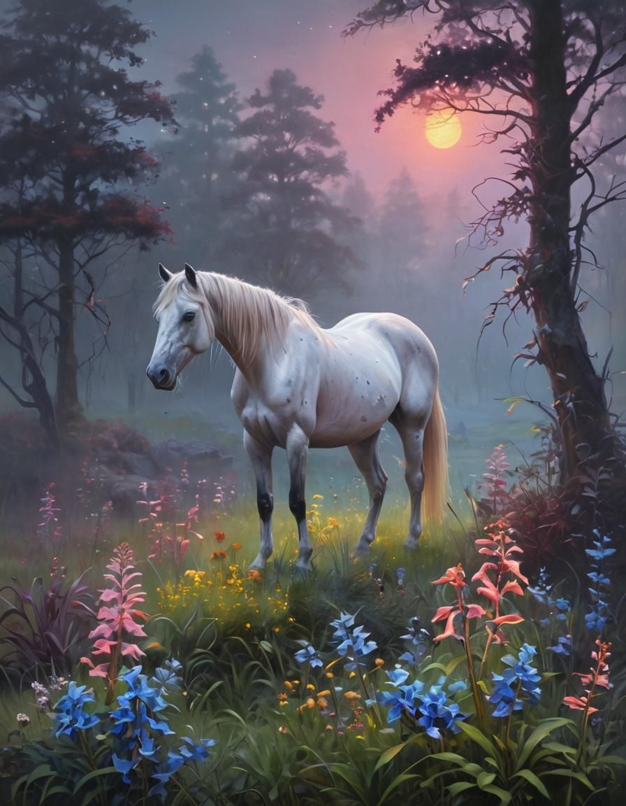 Neon Fantasy Horse in Misty Moonlight Oil Painting
