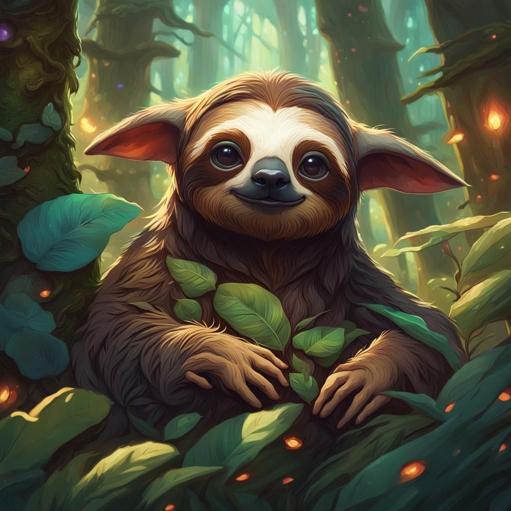 Grogu and Sloth Portrait in Magical Forest