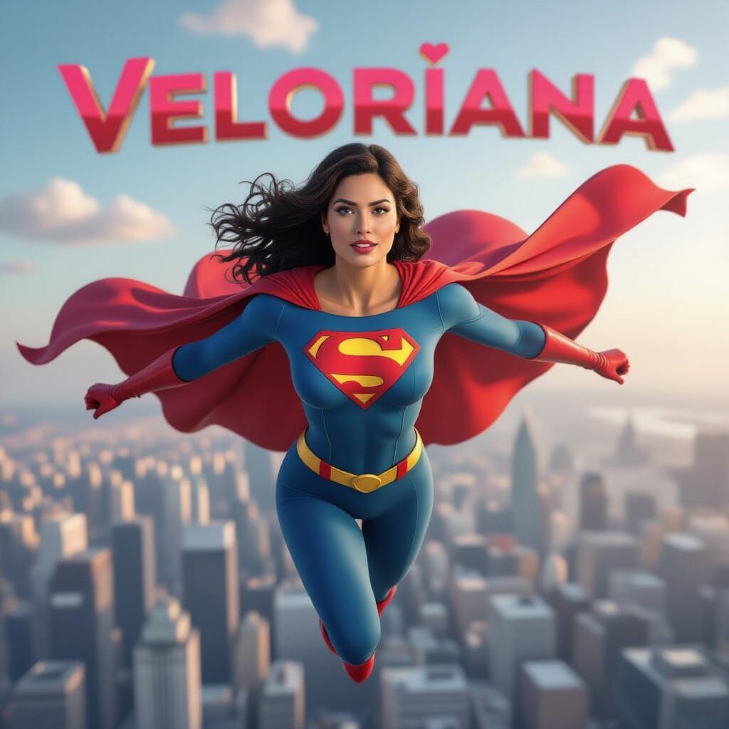 Curvy Superhero Woman Flying Over Futuristic City