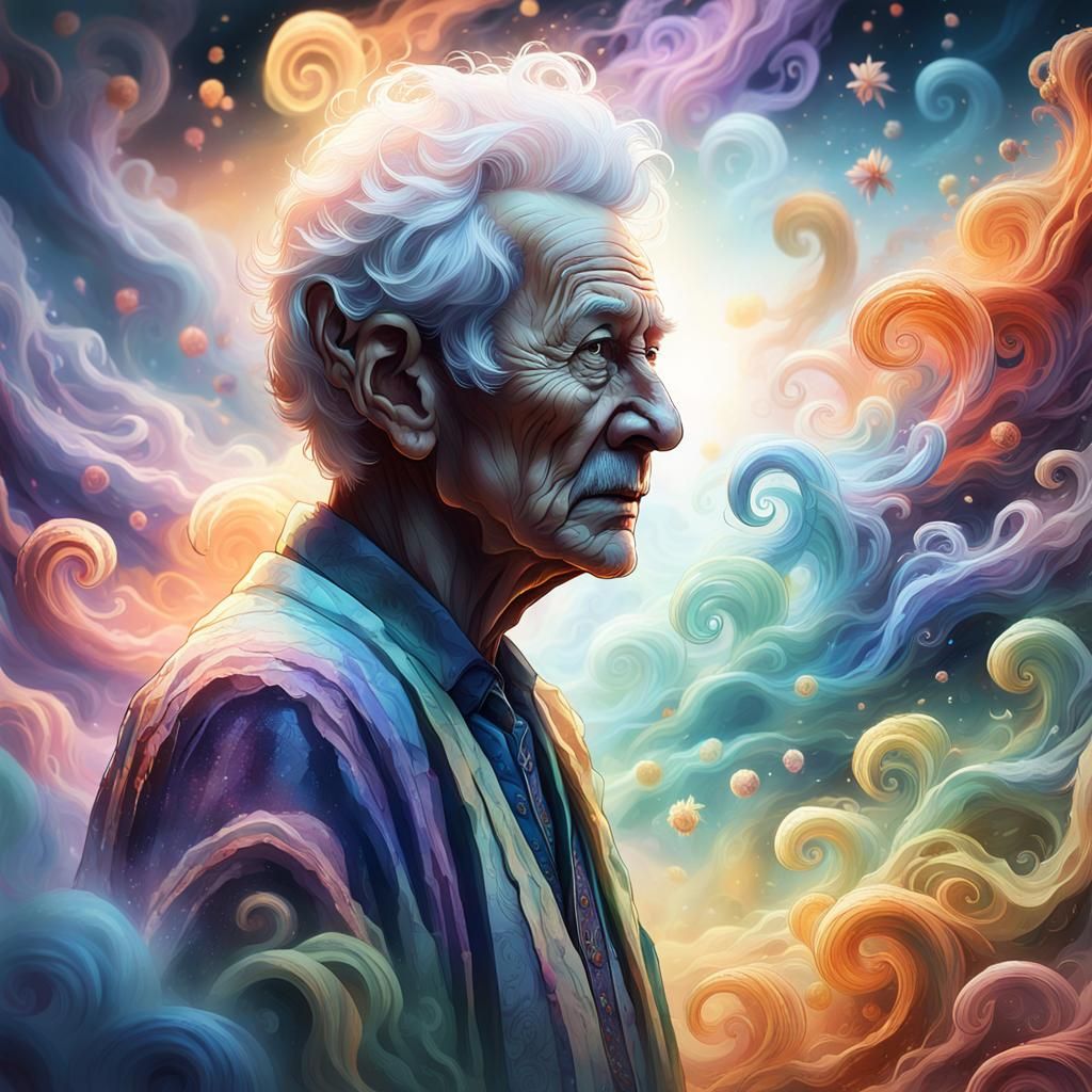 Ethereal Memories Swirl Around Elderly Figure, Digital Art