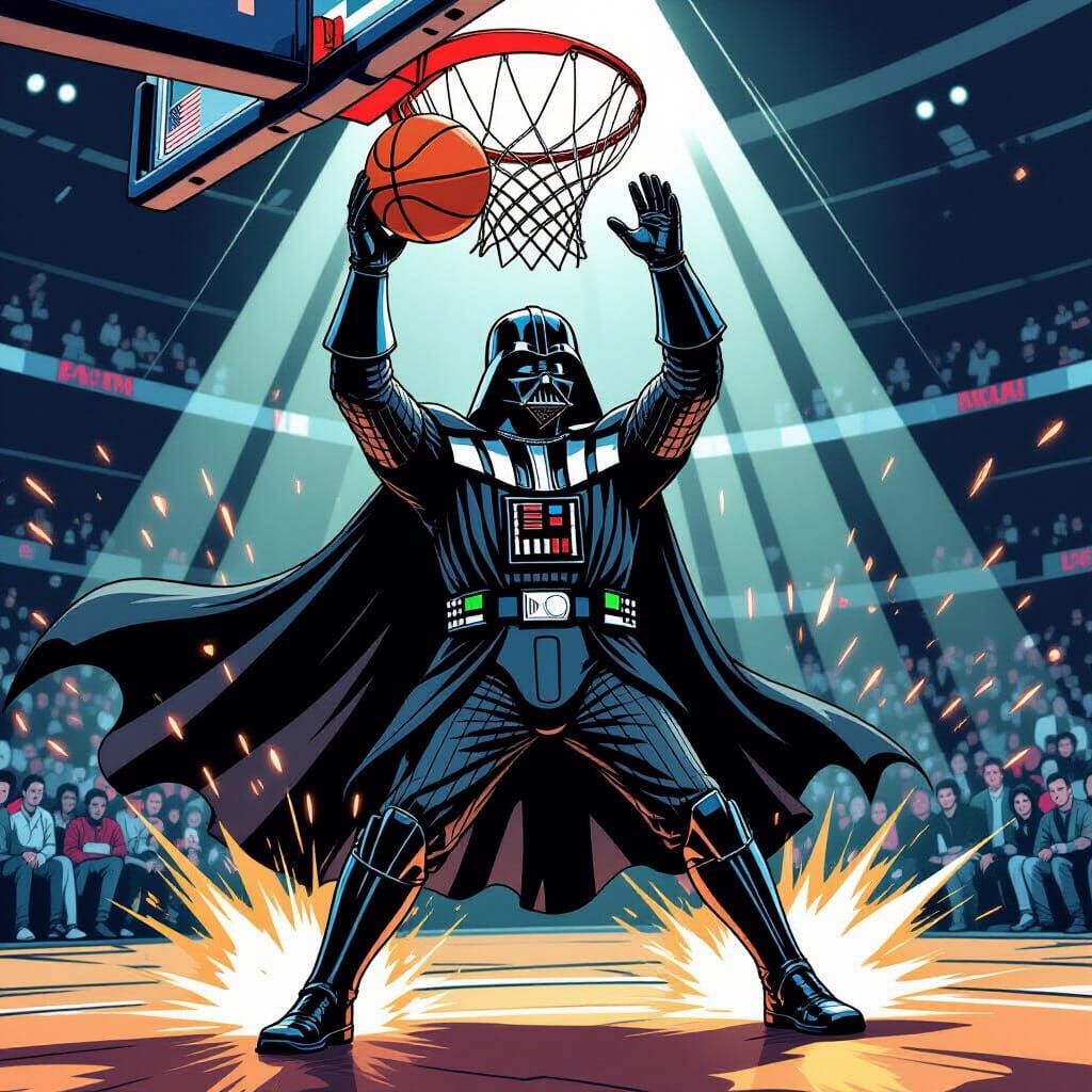Darth Vader Slam Dunks Basketball in Comic Art Style