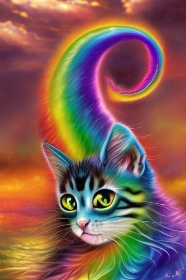 Rainbow Kitten with Dragon Wings in Fantasy Wonderland