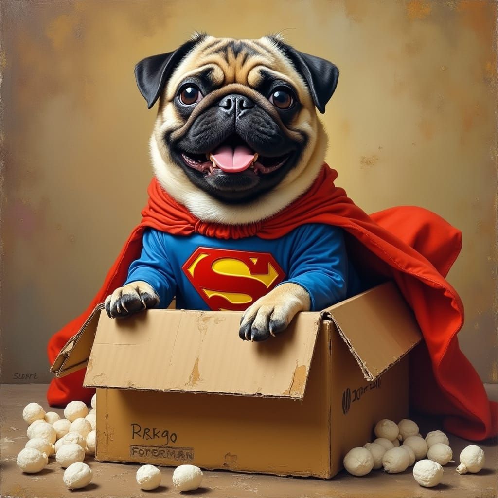 A pug wearing a superman cape sitting in an action figure box