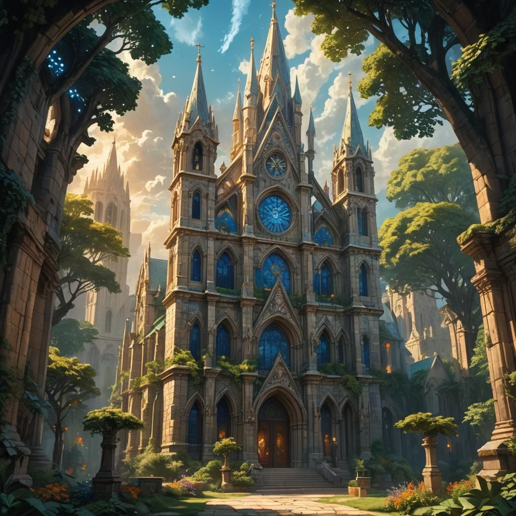 Majestic Stone Church with Stained Glass Windows