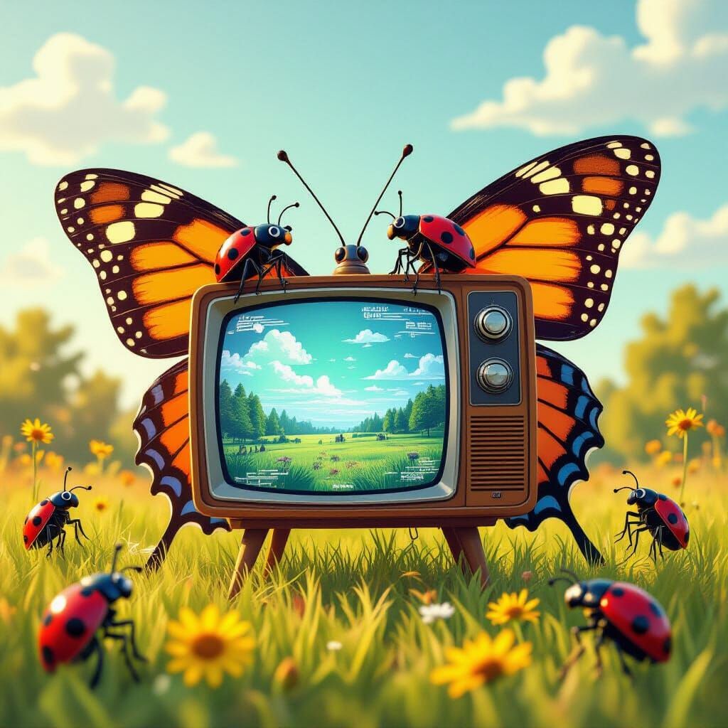 Butterfly with Television Wings in Retro-Futuristic Style