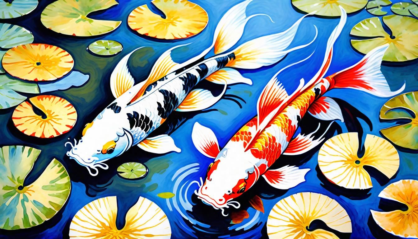 Koi Pond in Impressionist Watercolor Gouache Style