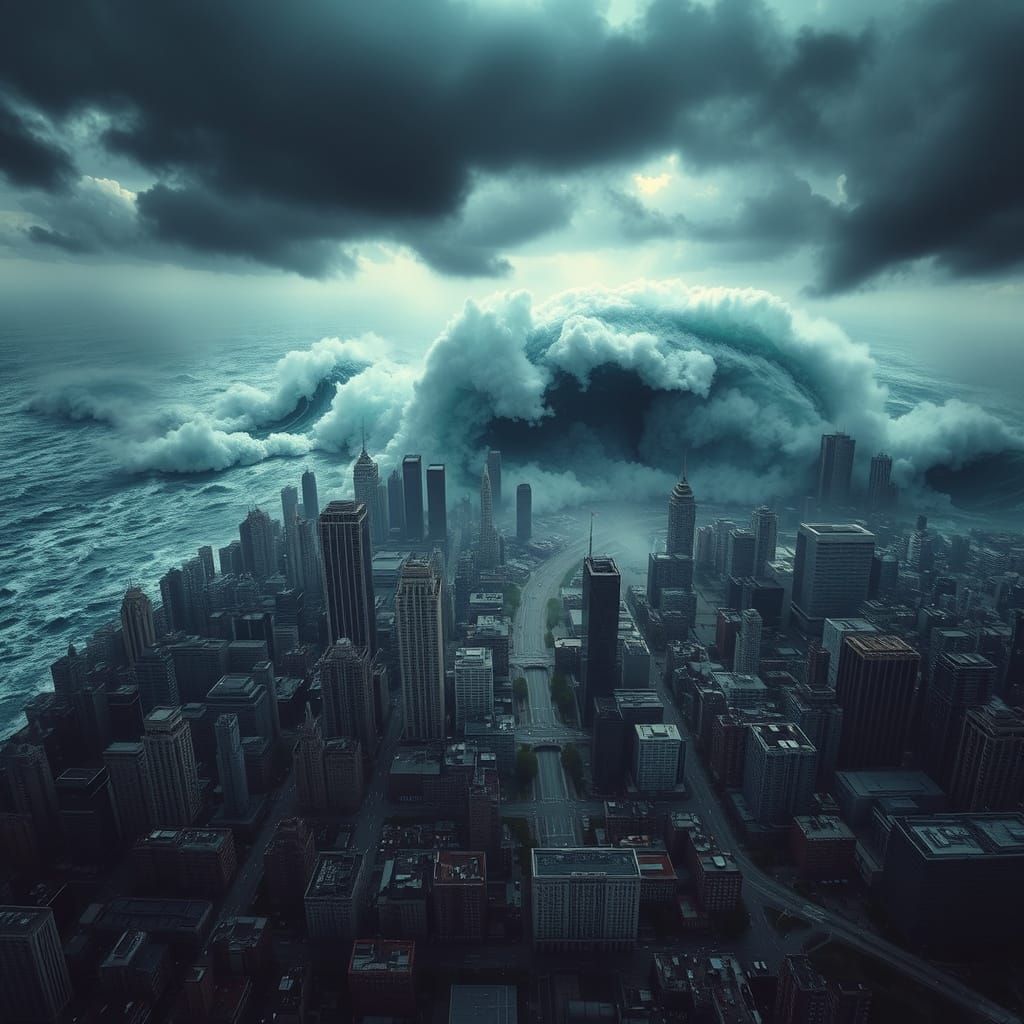 Massive Tidal Wave Engulfs City in Dramatic Cinematic Style