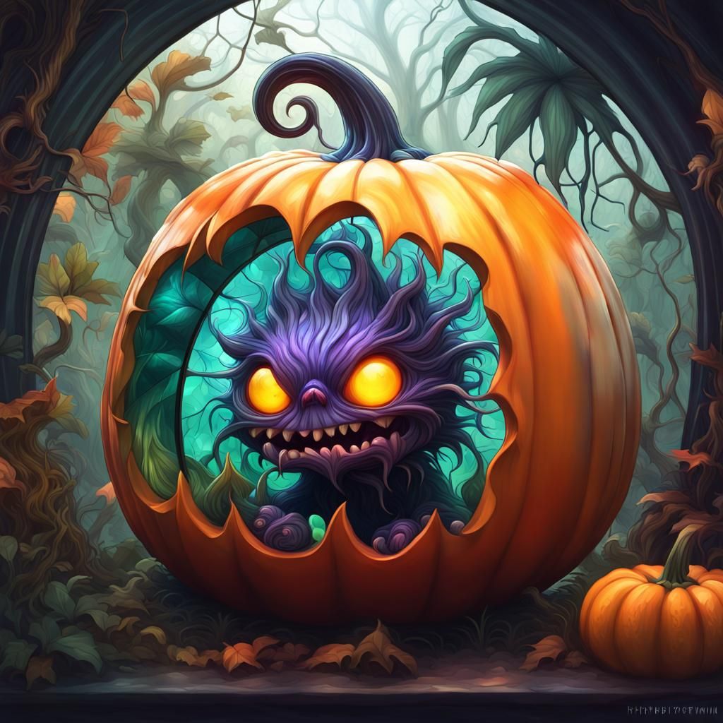 little funny crazy monster in the jungle carved in a stained glass pumpkin