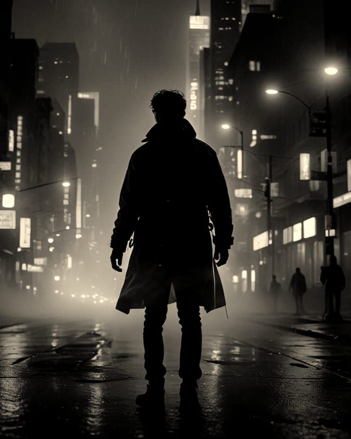 Figure Walking Through Mist-Covered City, Anime Art