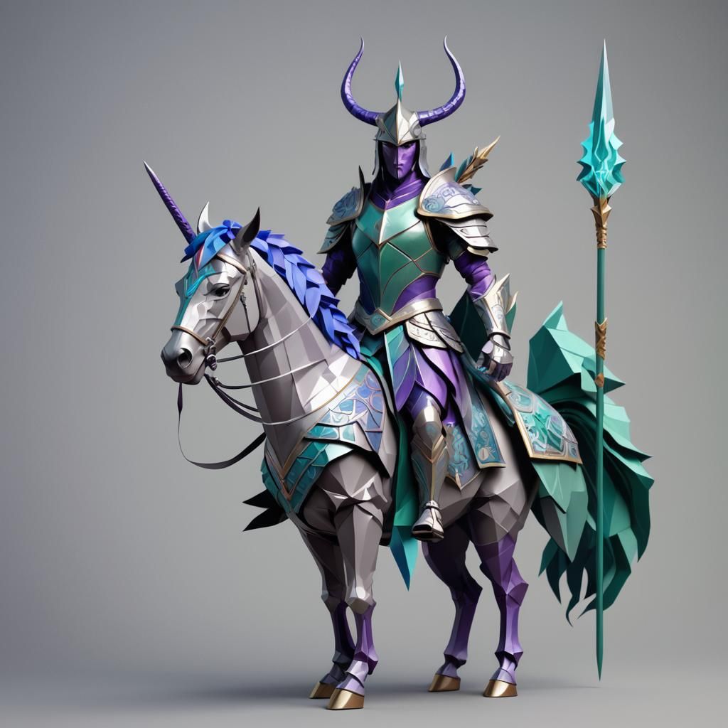 Fantasy Centaur Warrior with Flaming Spear in Low-Poly Style