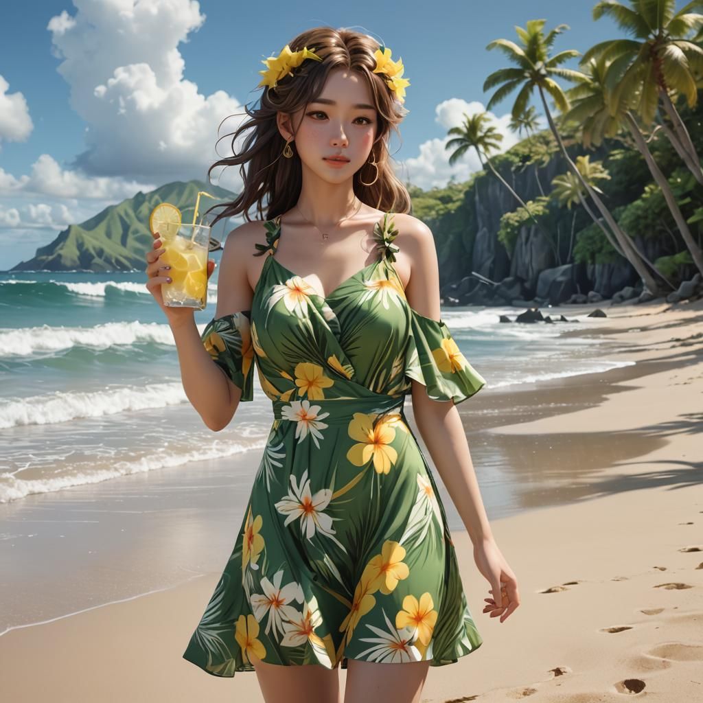 Young Woman on Hawaii Beach in Anime Style