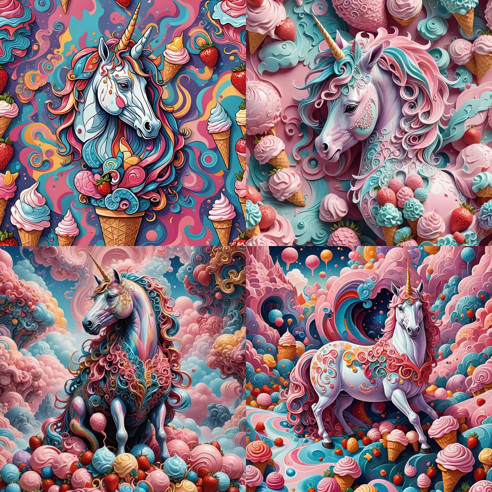 Unicorn on Strawberry Ice Cream with 3D Shading
