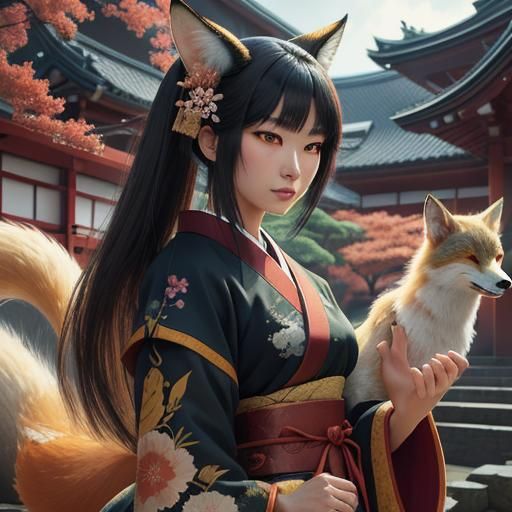 Mythical Kitsune Lady in Serene Japanese Garden