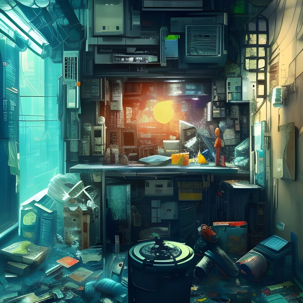 Cyberpunk Trashcan Secrets in Neon Lit Alleyway