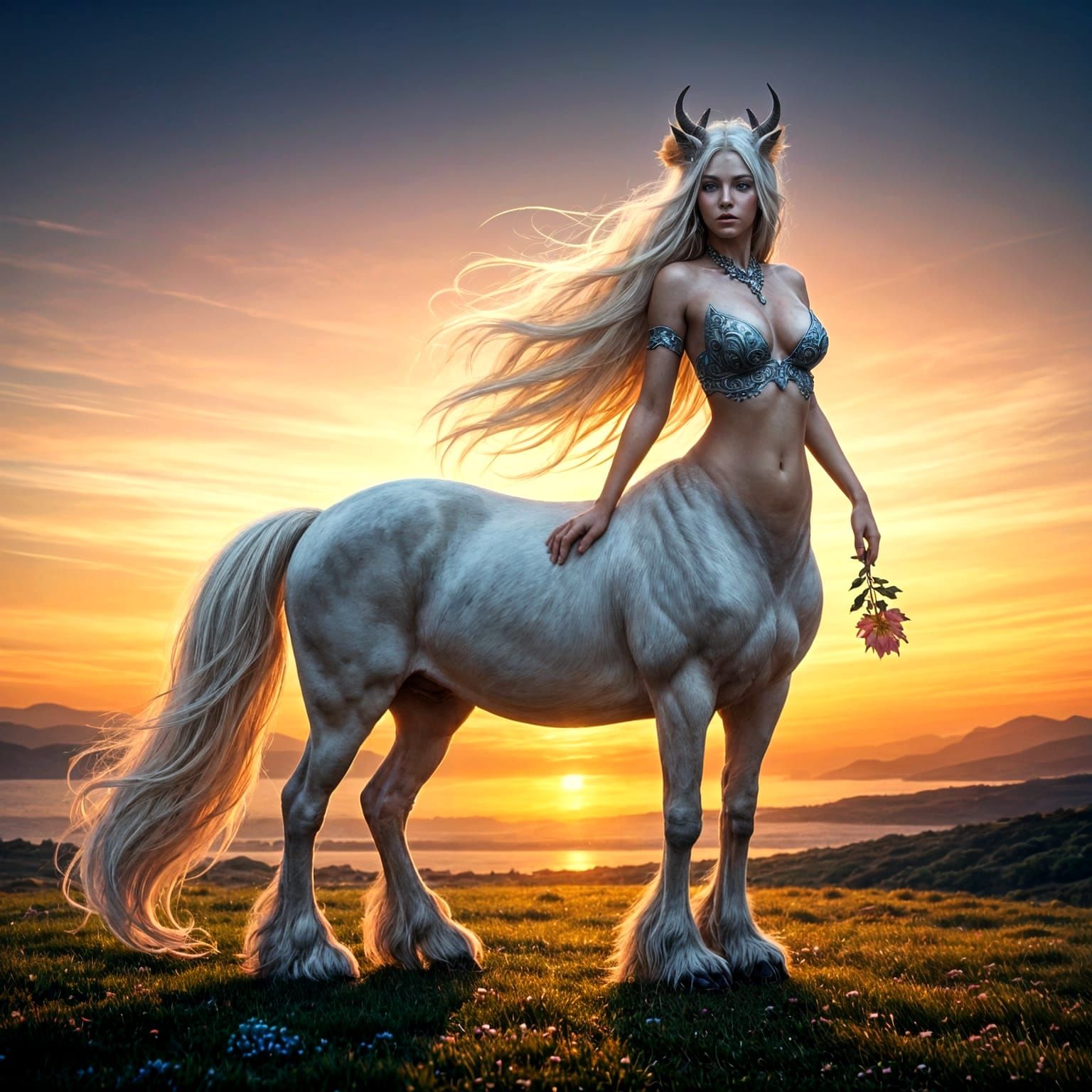 Majestic Centaur Woman in Sunset Setting