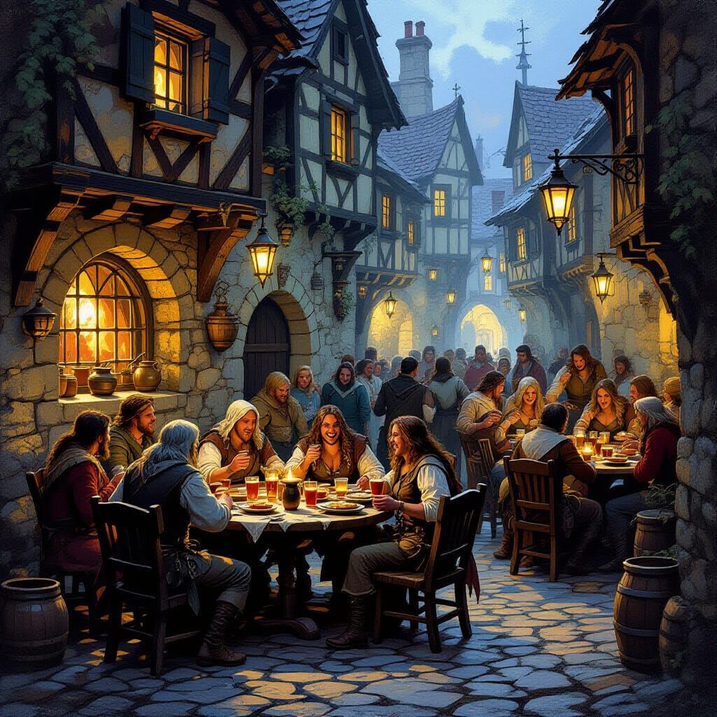 Medieval Tavern Scene with Lively Patrons and Lanterns