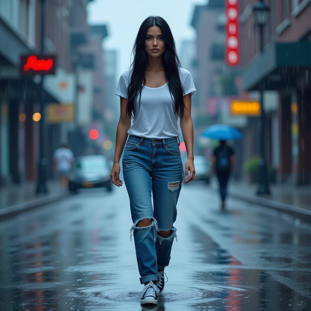 Hyperrealistic Woman Walking in Summer Rain
