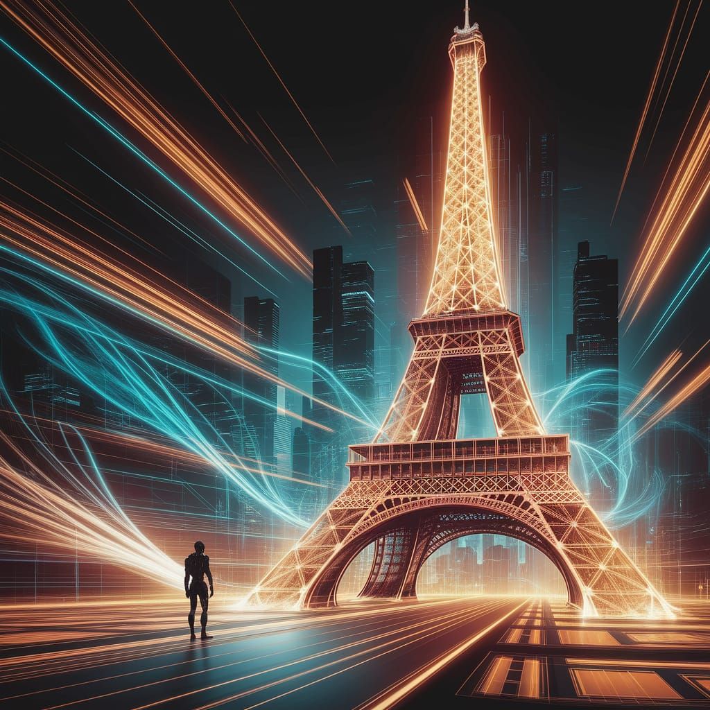 Futuristic Eiffel Tower in Vibrant Cyberpunk Cityscape