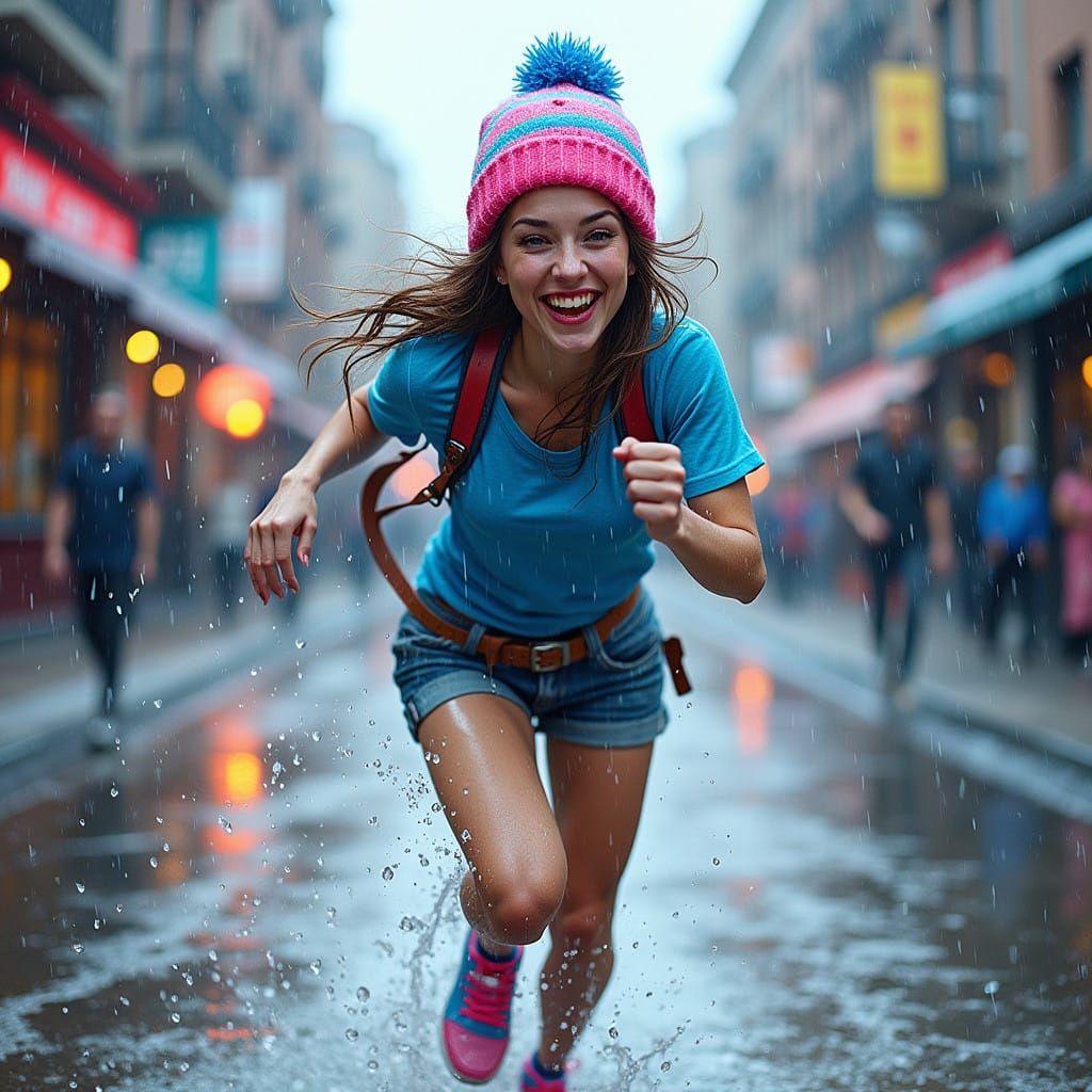 Joyful Woman Runs in Rainy City