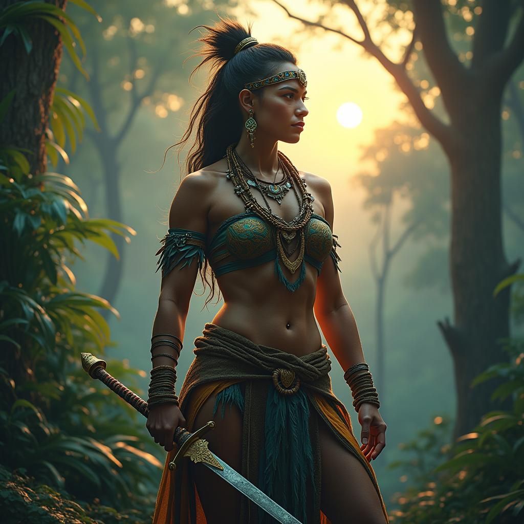 Amazon Guardian in Mystical Rainforest, High-Fantasy Style